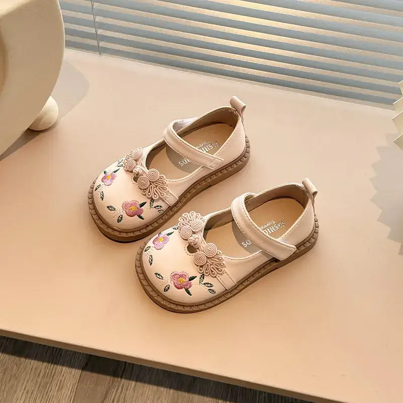 Girls' Embroidered Leather Baby Shoes with Soft Soles