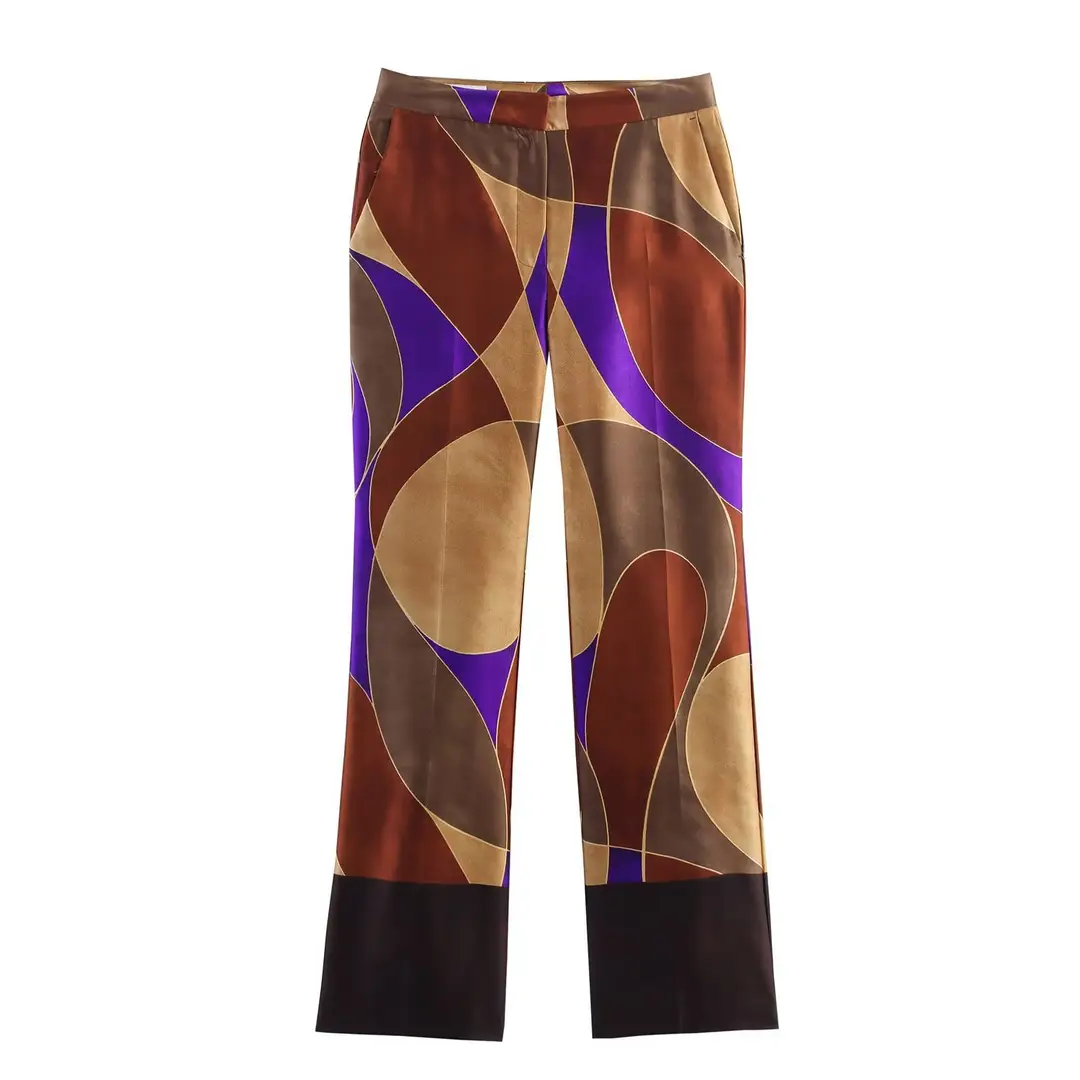 Foreign Trade European and American Women's Clothing 2025 Autum Round Neck Silk Satin Printed Contrasting Color Long-Sleeved Shirt + Pants Fashion Suit for Women