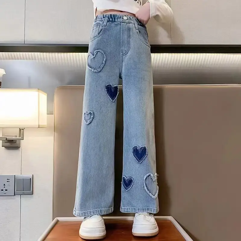 Girls' Denim Wide-Leg Pants Korean Style Spring Outfit for Older Children, Loose Straight Pants Children's Casual Long Pants for Outdoor Wear