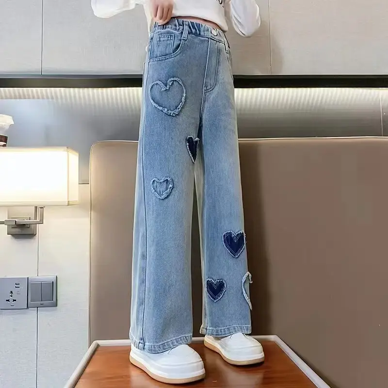 Girls' Denim Wide-Leg Pants Korean Style Spring Outfit for Older Children, Loose Straight Pants Children's Casual Long Pants for Outdoor Wear