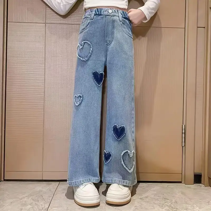 Girls' Denim Wide-Leg Pants Korean Style Spring Outfit for Older Children, Loose Straight Pants Children's Casual Long Pants for Outdoor Wear