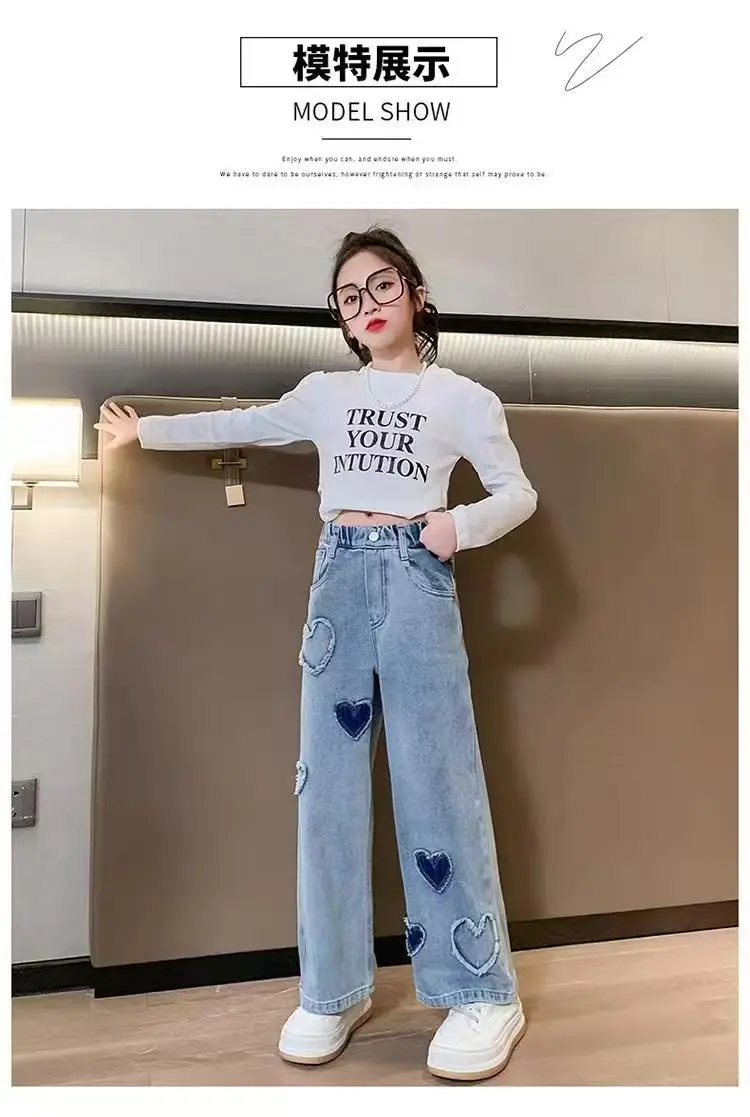 Girls' Denim Wide-Leg Pants Korean Style Spring Outfit for Older Children, Loose Straight Pants Children's Casual Long Pants for Outdoor Wear — feature 14
