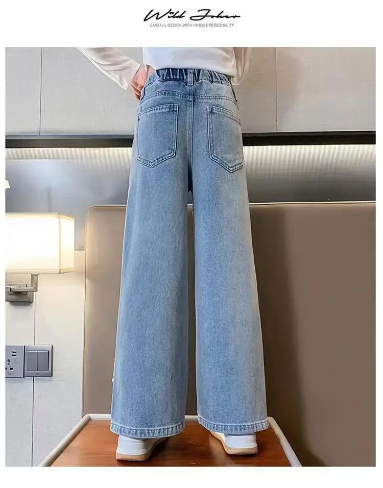 Girls' Denim Wide-Leg Pants Korean Style Spring Outfit for Older Children, Loose Straight Pants Children's Casual Long Pants for Outdoor Wear — feature 15