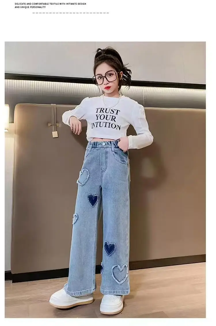 Girls' Denim Wide-Leg Pants Korean Style Spring Outfit for Older Children, Loose Straight Pants Children's Casual Long Pants for Outdoor Wear — feature 16