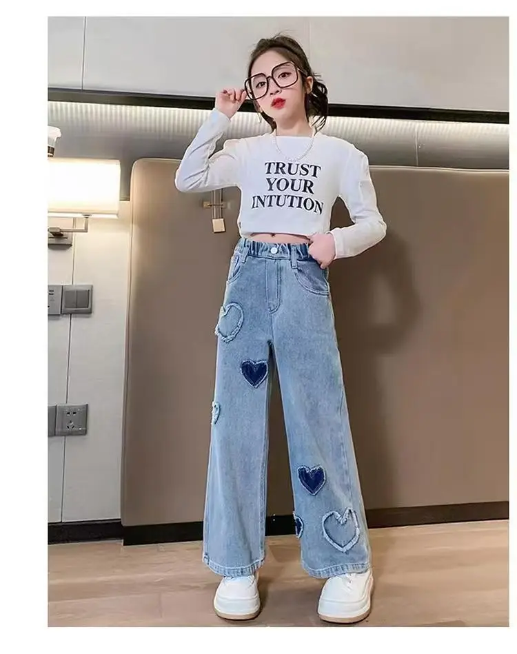 Girls' Denim Wide-Leg Pants Korean Style Spring Outfit for Older Children, Loose Straight Pants Children's Casual Long Pants for Outdoor Wear — feature 17
