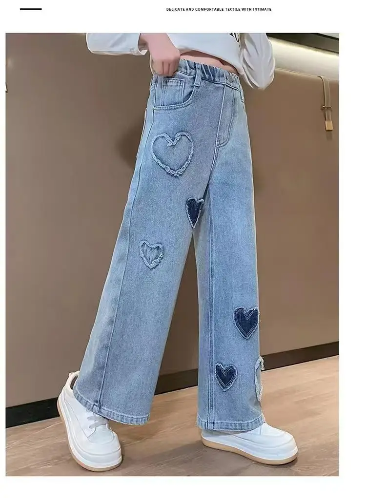 Girls' Denim Wide-Leg Pants Korean Style Spring Outfit for Older Children, Loose Straight Pants Children's Casual Long Pants for Outdoor Wear — feature 18