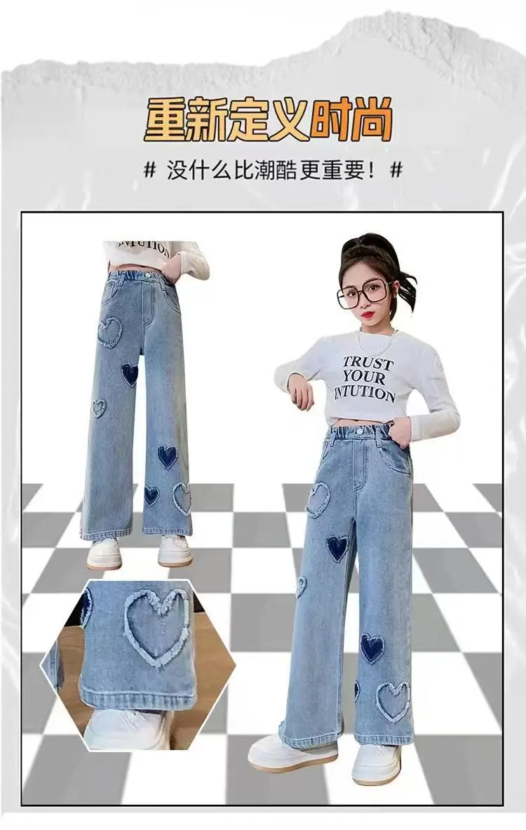 Girls' Denim Wide-Leg Pants Korean Style Spring Outfit for Older Children, Loose Straight Pants Children's Casual Long Pants for Outdoor Wear — feature 7