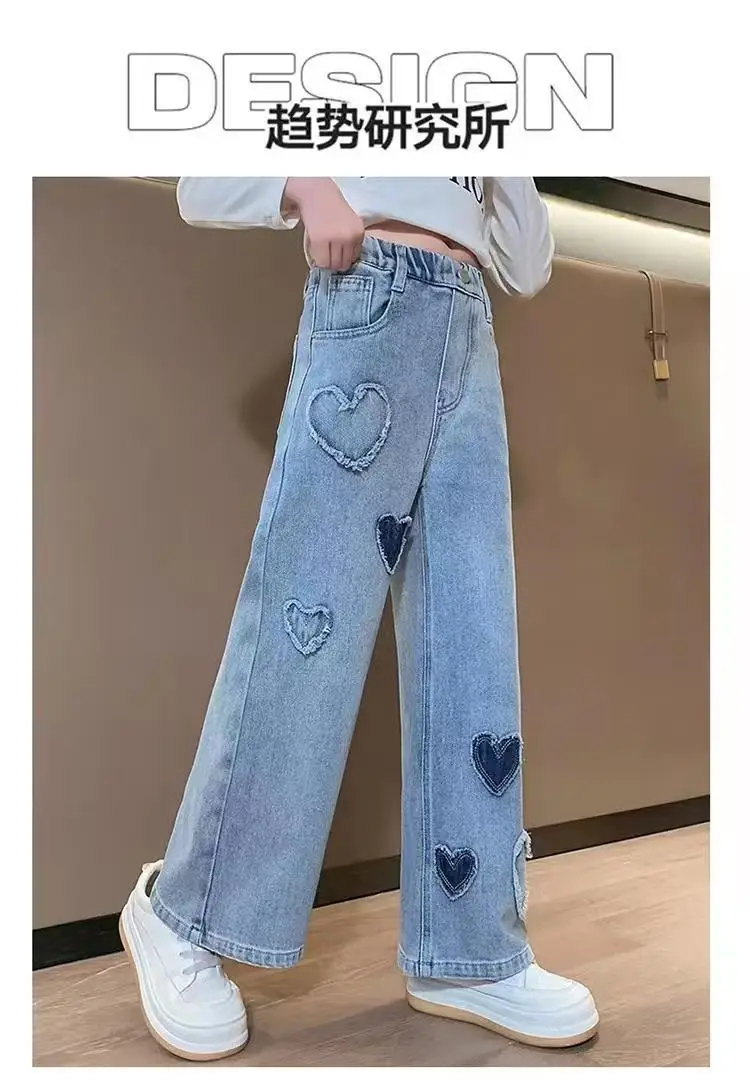 Girls' Denim Wide-Leg Pants Korean Style Spring Outfit for Older Children, Loose Straight Pants Children's Casual Long Pants for Outdoor Wear — feature 8