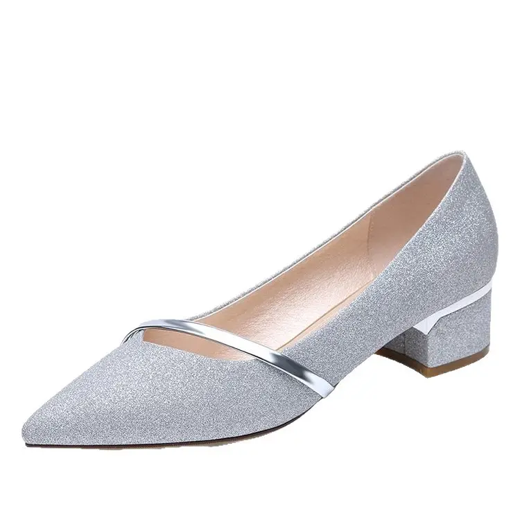 2025 Women's Silver Chunky Heel Slip-On Shoes - Image 7