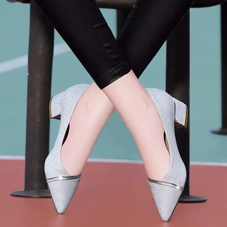 2025 Women's Silver Chunky Heel Slip-On Shoes — feature 3