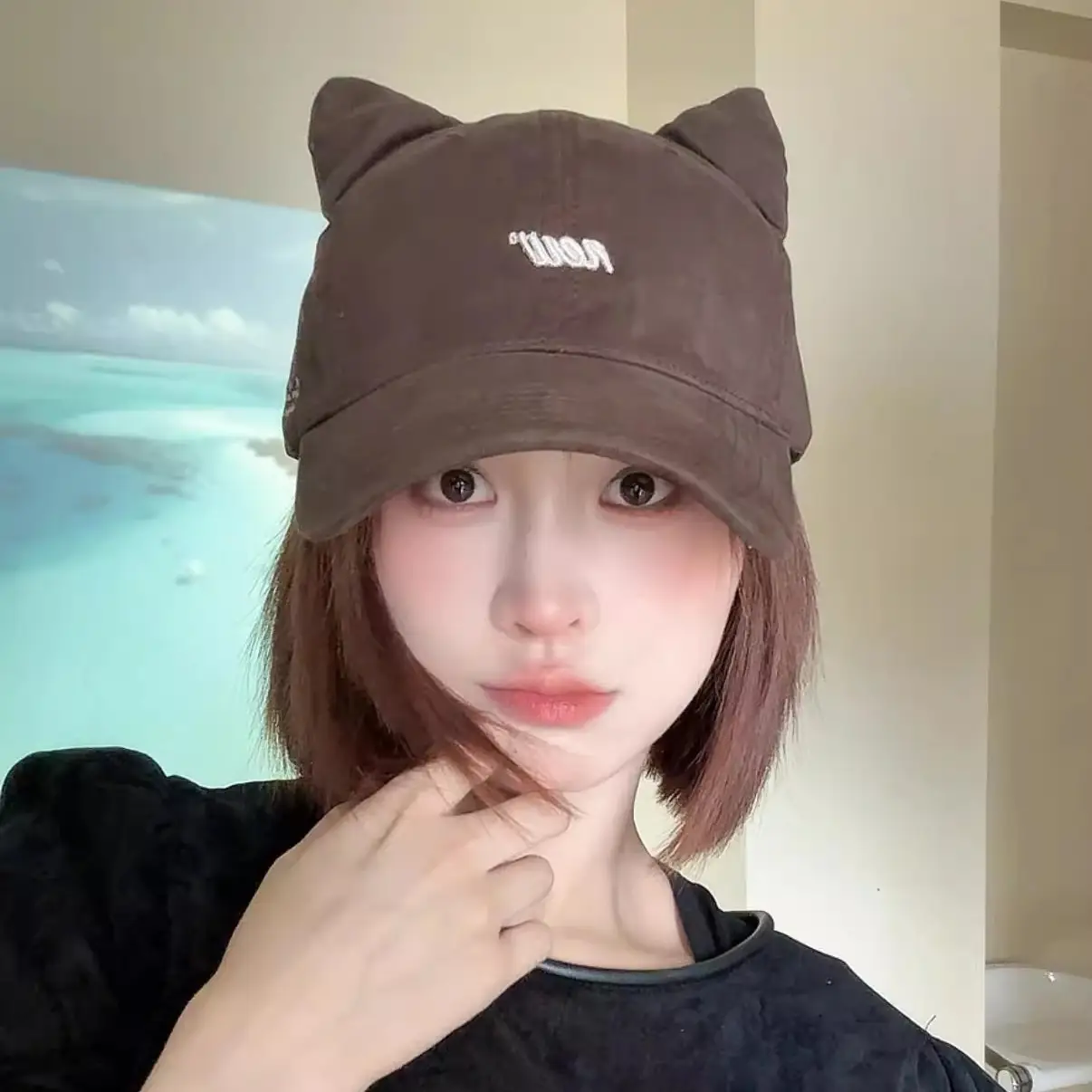 Kitten Ears Baseball Cap for Women Black Sweet Elegant - Image 7