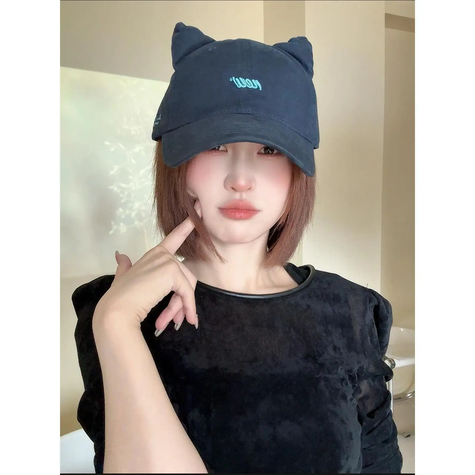 Kitten Ears Baseball Cap for Women Black Sweet Elegant - Image 9