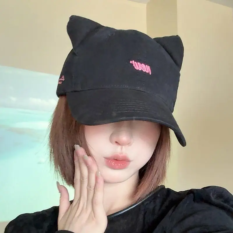 Kitten Ears Baseball Cap for Women Black Sweet Elegant - Image 2