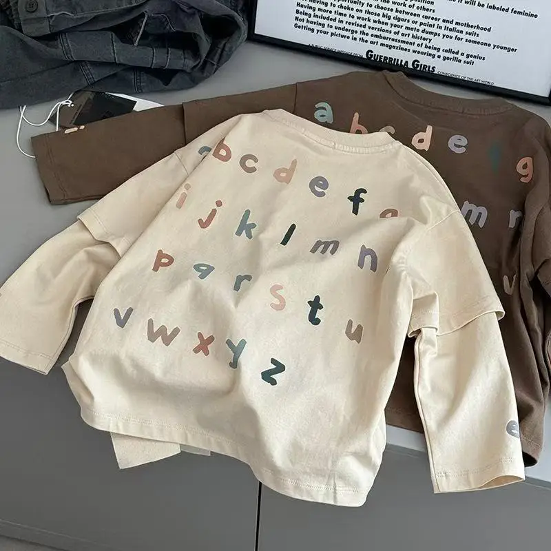 Brown Long Sleeve T-Shirt for Boys with Letter Print - Image 4