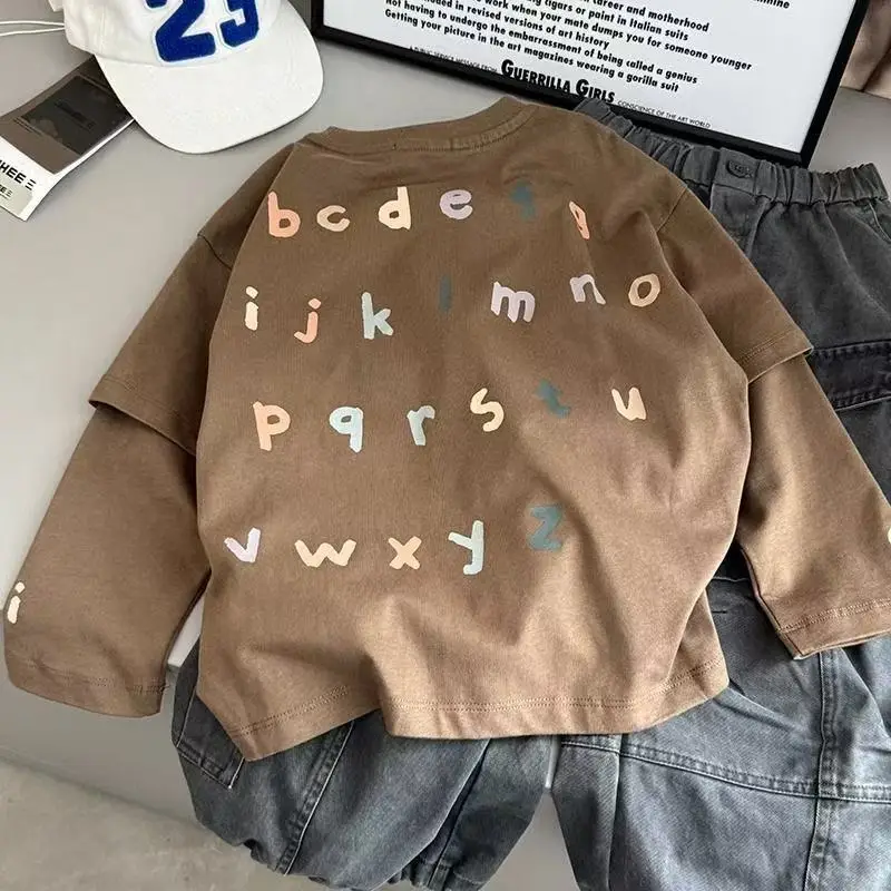 Brown Long Sleeve T-Shirt for Boys with Letter Print — feature 1