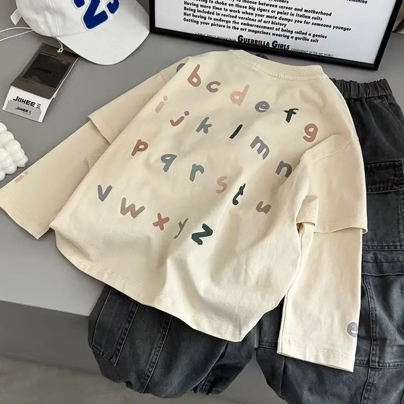 Brown Long Sleeve T-Shirt for Boys with Letter Print — feature 3