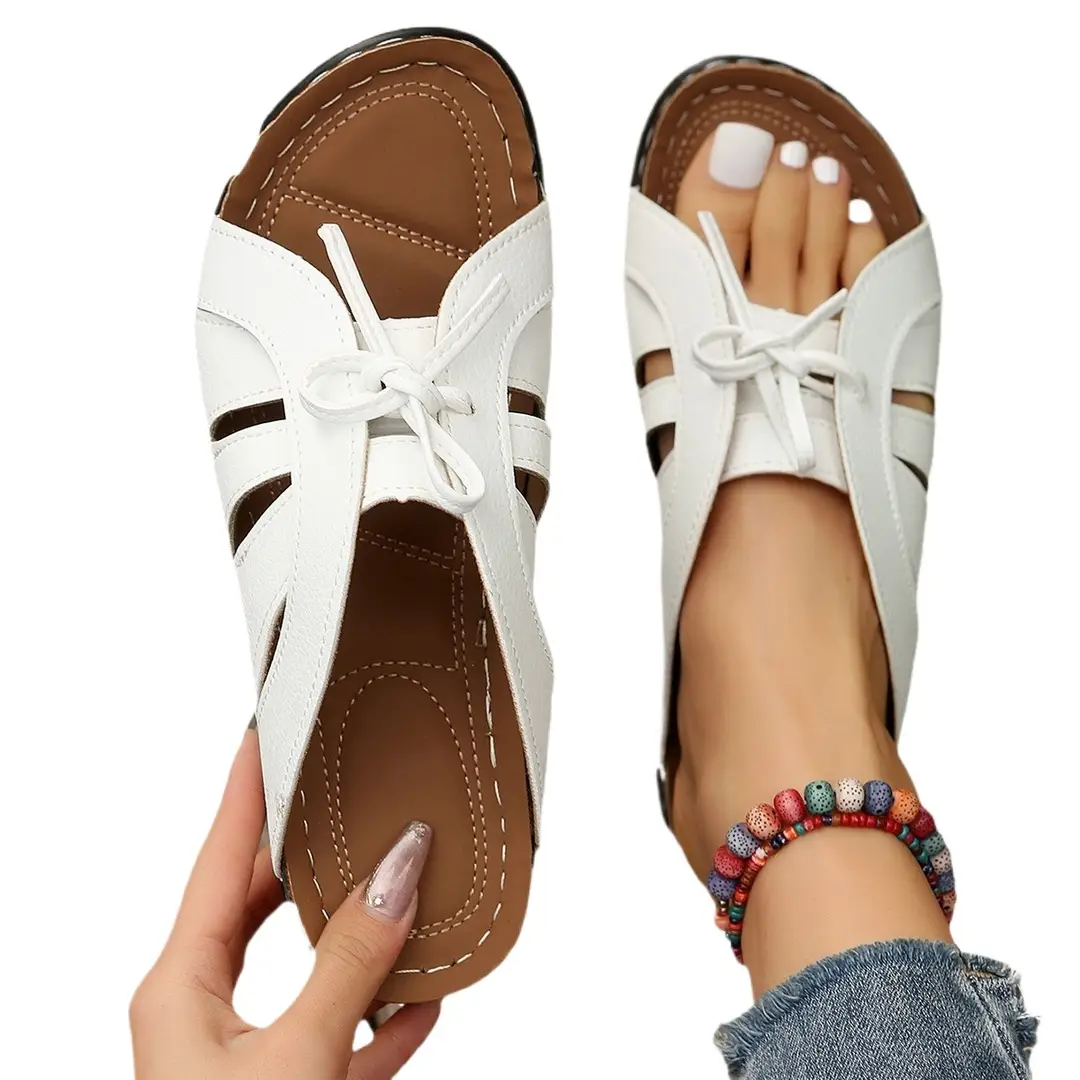 New Summer Cross-Border Women's Shoes Wedge Heel Fish Mouth Slippers Solid Color Large Size Bow Decorated Roman Sandals for Women - Image 11