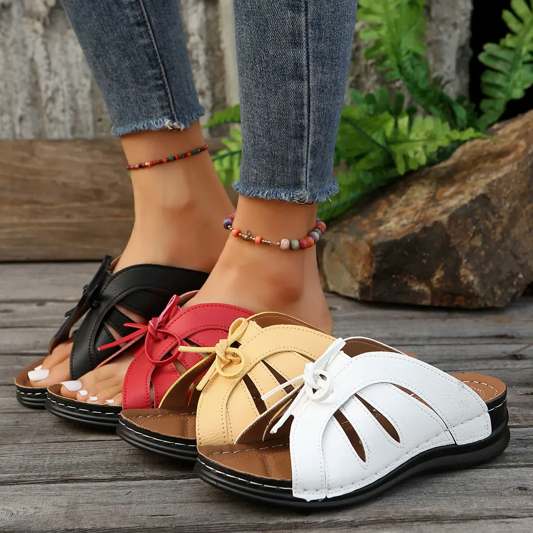 New Summer Cross-Border Women's Shoes Wedge Heel Fish Mouth Slippers Solid Color Large Size Bow Decorated Roman Sandals for Women — feature 1