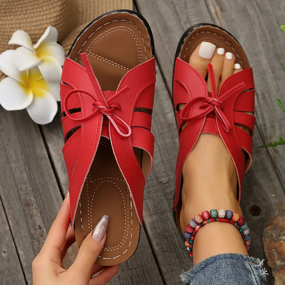 New Summer Cross-Border Women's Shoes Wedge Heel Fish Mouth Slippers Solid Color Large Size Bow Decorated Roman Sandals for Women — feature 2