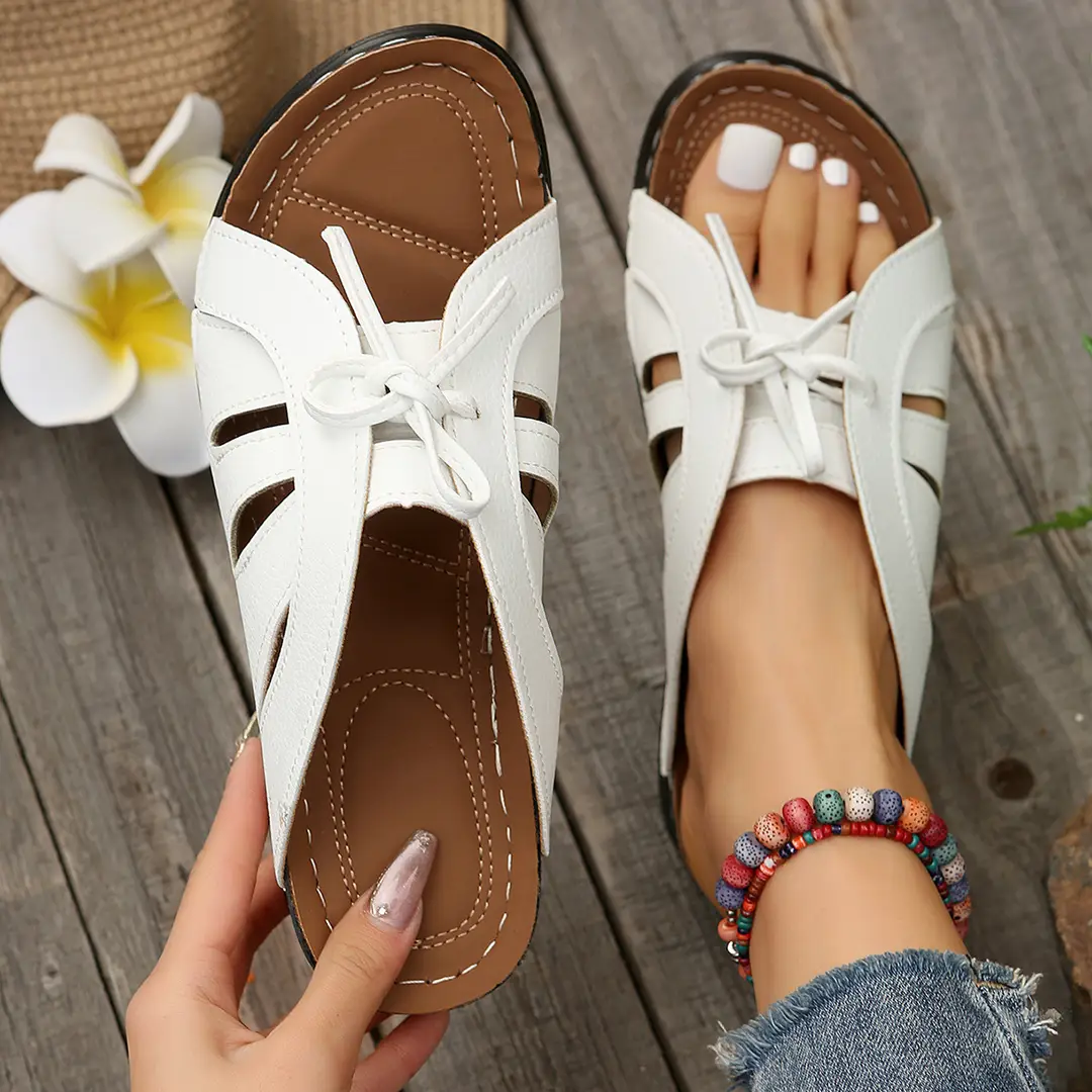 New Summer Cross-Border Women's Shoes Wedge Heel Fish Mouth Slippers Solid Color Large Size Bow Decorated Roman Sandals for Women — feature 4
