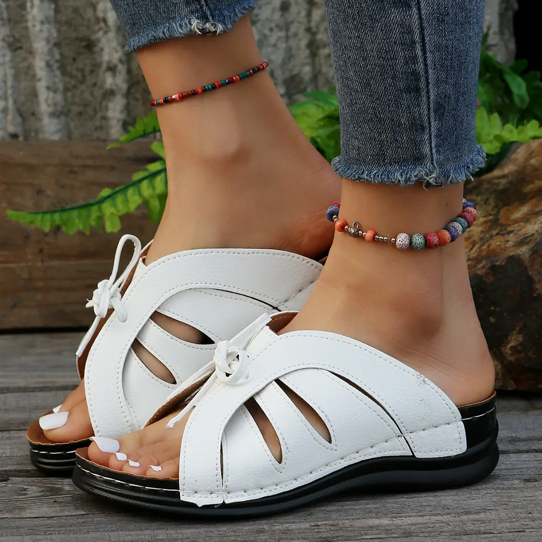 New Summer Cross-Border Women's Shoes Wedge Heel Fish Mouth Slippers Solid Color Large Size Bow Decorated Roman Sandals for Women — feature 5