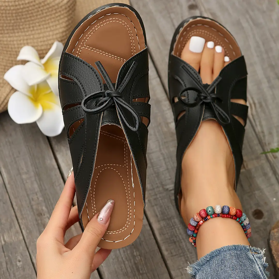 New Summer Cross-Border Women's Shoes Wedge Heel Fish Mouth Slippers Solid Color Large Size Bow Decorated Roman Sandals for Women — feature 6