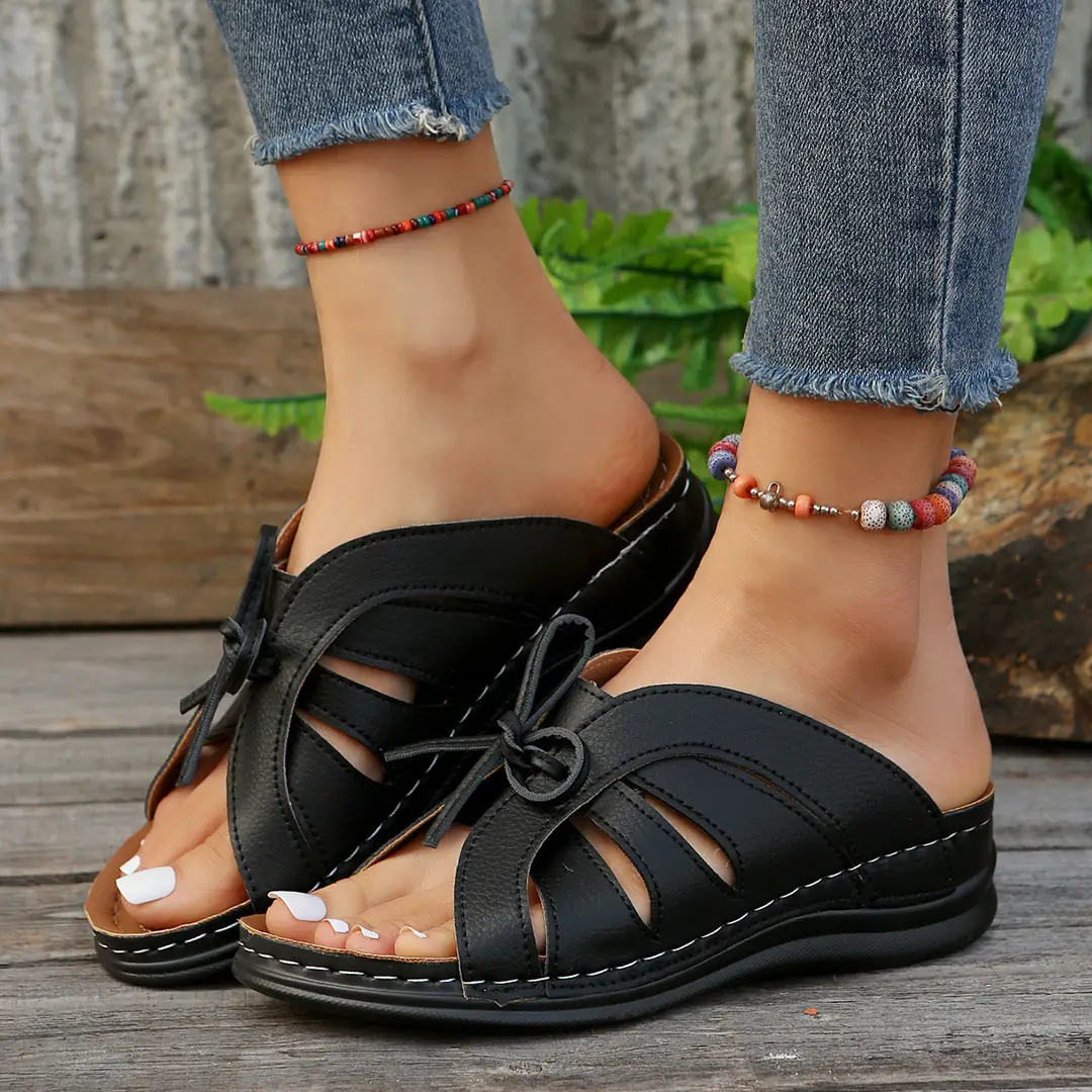 New Summer Cross-Border Women's Shoes Wedge Heel Fish Mouth Slippers Solid Color Large Size Bow Decorated Roman Sandals for Women — feature 7