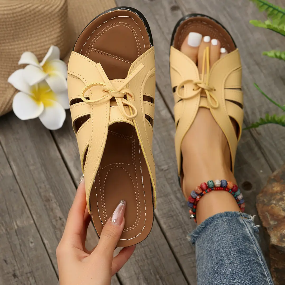 New Summer Cross-Border Women's Shoes Wedge Heel Fish Mouth Slippers Solid Color Large Size Bow Decorated Roman Sandals for Women — feature 8