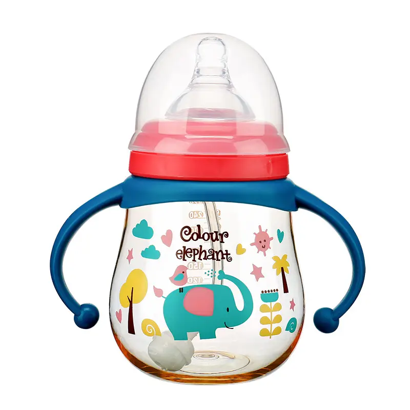 Little Elephant Colorful Ppsu Baby Bottle Wide Caliber Large Baby Anti-Flatulence and Fall-Resistant Newborn Baby Straw with Handle Duckbill