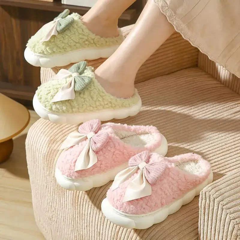 Colorful Cute Bow Cotton Slippers for Women Autumn and Winter Couples Indoor Cotton Shoes Thick-Soled Home Comfortable Furry Slippers