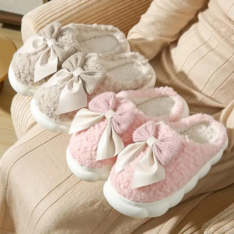 Colorful Cute Bow Cotton Slippers for Women Autumn and Winter Couples Indoor Cotton Shoes Thick-Soled Home Comfortable Furry Slippers