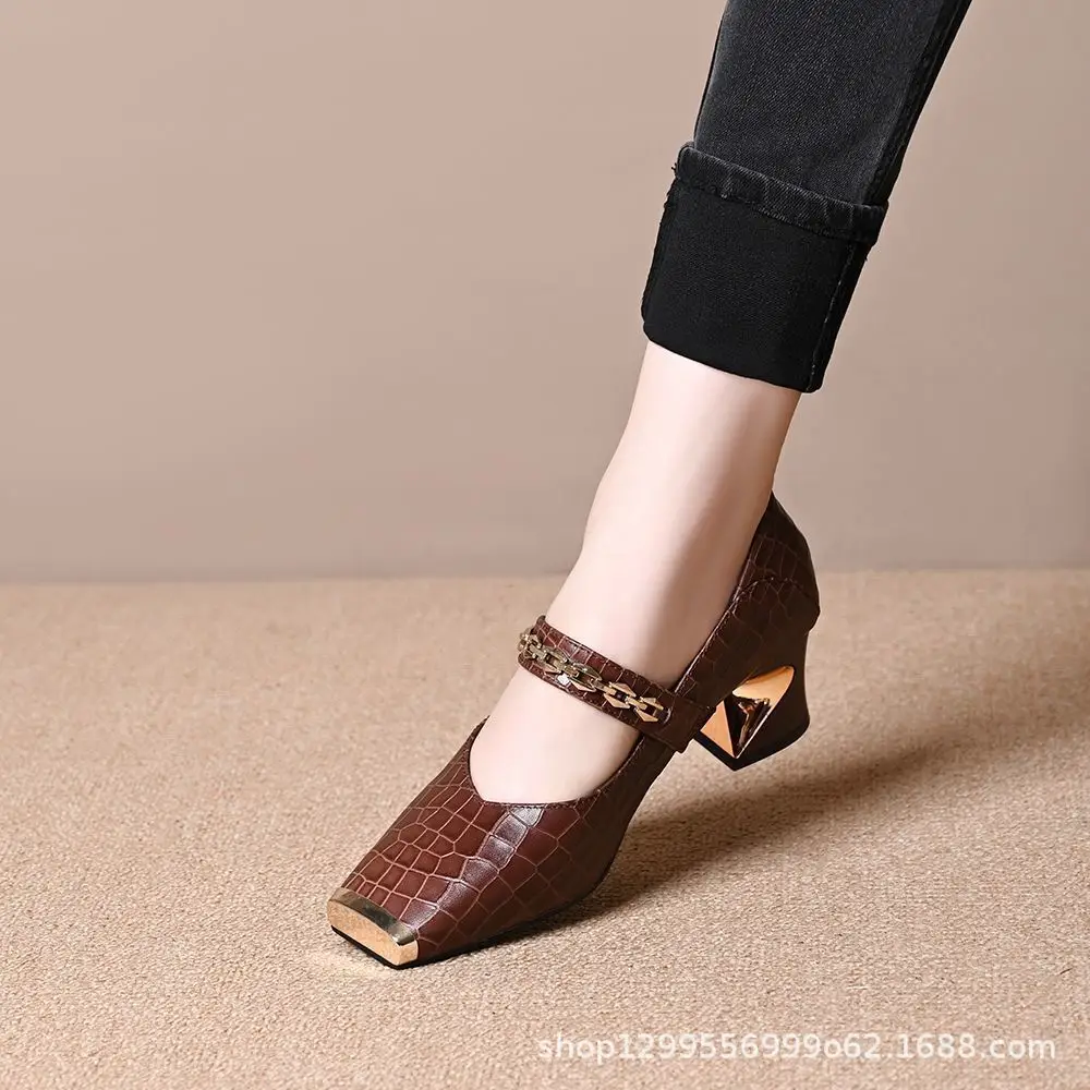 Fashion Embossed Soft Sole Chunky Heel Women's High Heels Early Autumn Popular French Small Square Toe Shallow Mary Jane Shoes - Image 4