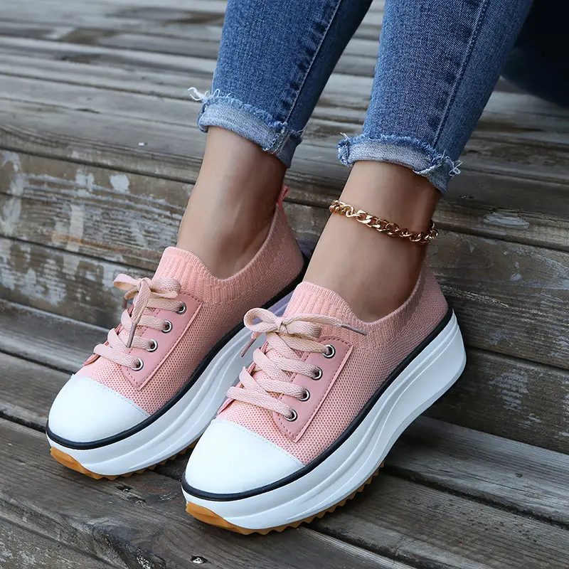 Amazon Foreign Trade Large Size Single Shoes for All Seasons Thick-Soled Heightening Casual Fly-Knit Shoes Breathable Lace-Up Sports Shoes for Women - Image 5