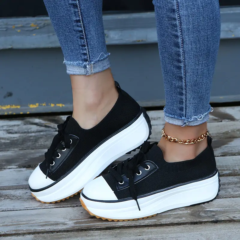Amazon Foreign Trade Large Size Single Shoes for All Seasons Thick-Soled Heightening Casual Fly-Knit Shoes Breathable Lace-Up Sports Shoes for Women - Image 6