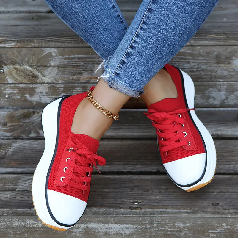 Amazon Foreign Trade Large Size Single Shoes for All Seasons Thick-Soled Heightening Casual Fly-Knit Shoes Breathable Lace-Up Sports Shoes for Women - Image 7