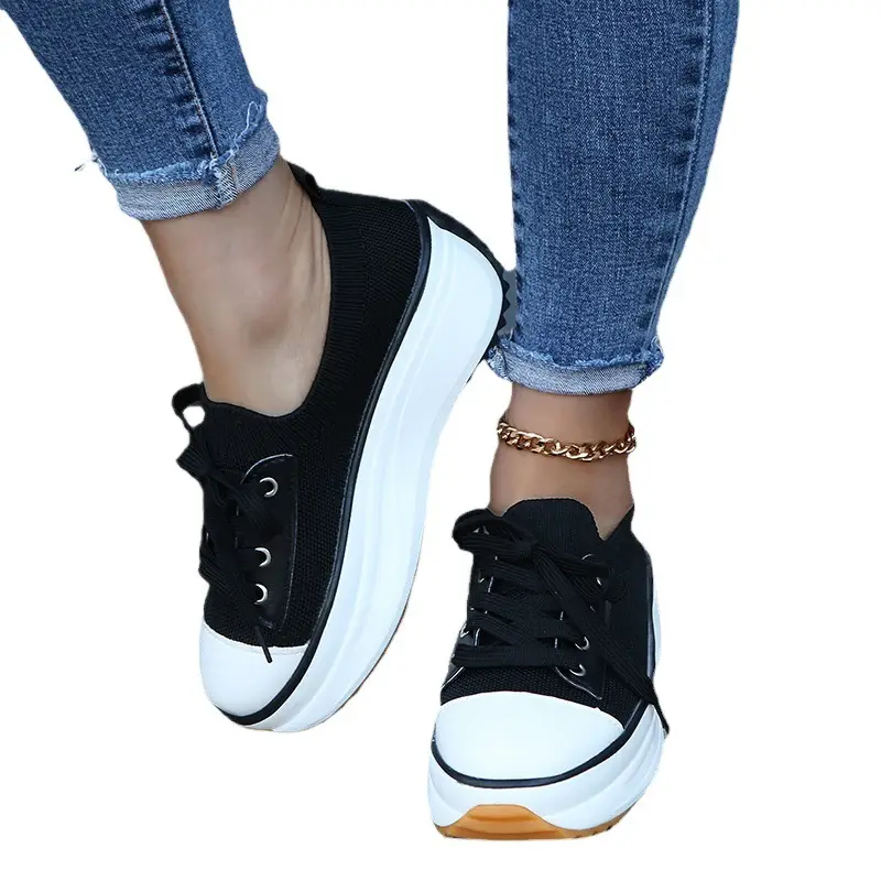 Amazon Foreign Trade Large Size Single Shoes for All Seasons Thick-Soled Heightening Casual Fly-Knit Shoes Breathable Lace-Up Sports Shoes for Women - Image 8