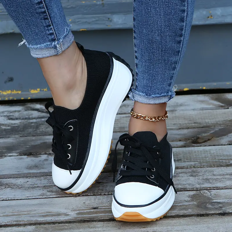 Amazon Foreign Trade Large Size Single Shoes for All Seasons Thick-Soled Heightening Casual Fly-Knit Shoes Breathable Lace-Up Sports Shoes for Women - Image 2