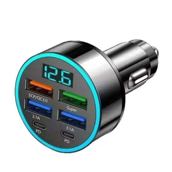 960W Car Charger with 6 USB Ports & Voltage Display