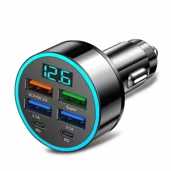 960W Car Charger with 6 USB Ports & Voltage Display