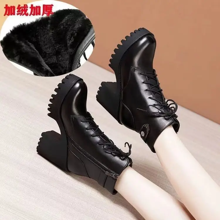 Women Fleece Lined High Heel Boots Black Winter - Image 6