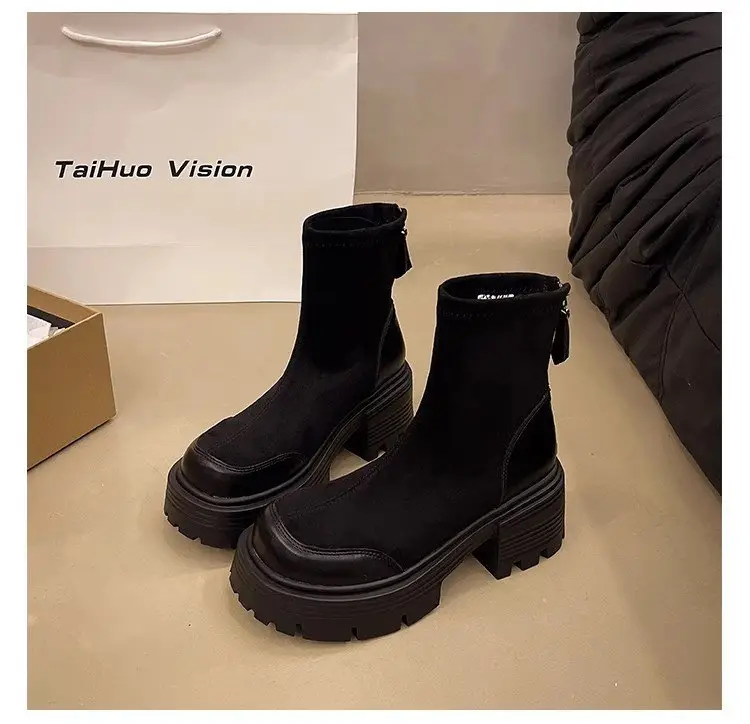 Women Retro British Style Boots Black Thick Heel 2025 — feature 24