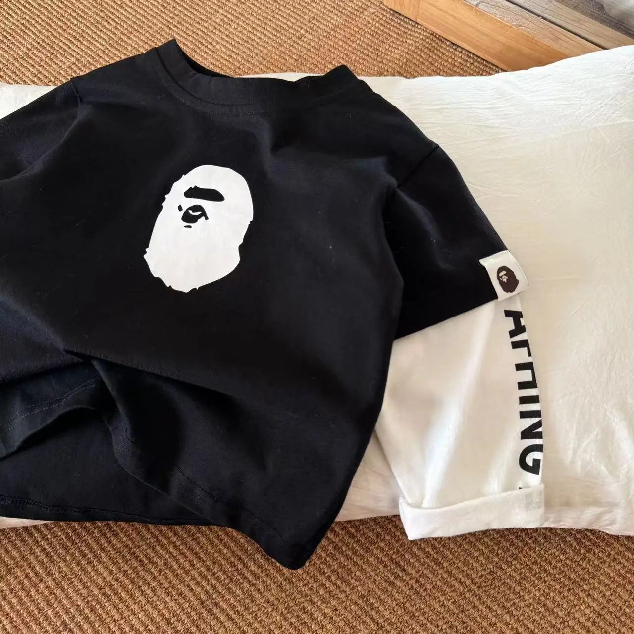 Japanese Style Boys T-Shirt 2-Piece White Black Fake Two-Piece - Image 6