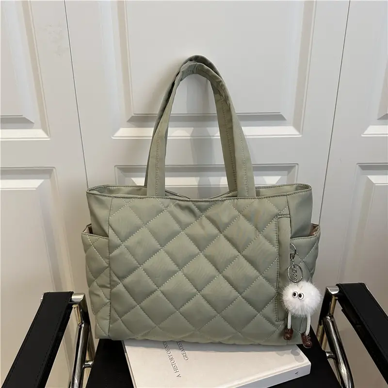 Women Quilted Shoulder Tote Bag Light Green 2025 - Image 7
