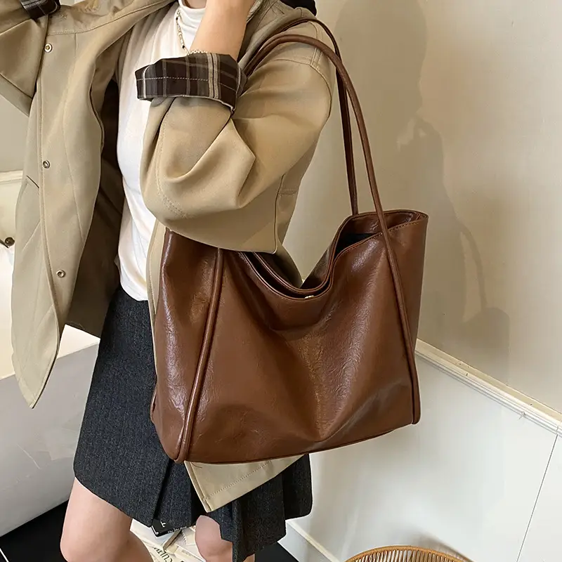 Women Large Capacity Leather Tote Bag Brown 2025 - Image 3
