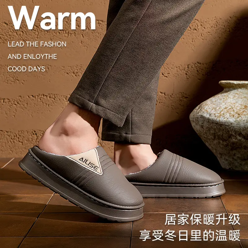Men Waterproof Cotton Slippers Grey Winter Warm