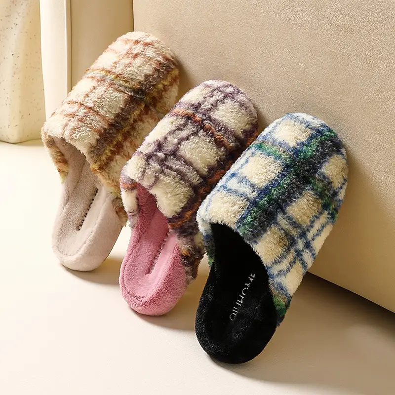 Retro High-Bottom Plaid Cotton Slippers for Men and Women in Autumn and Winter Plush Warm Family Home Indoor and Outdoor Thick-Soled Non-Slip Men's Slippers - Image 6