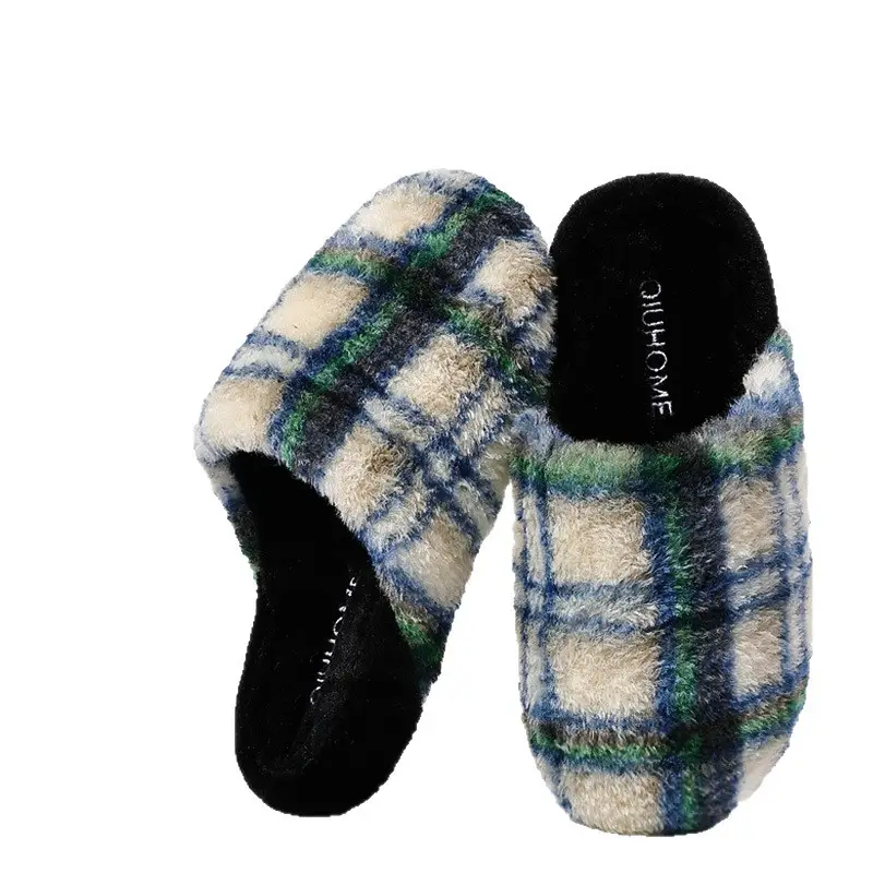 Retro High-Bottom Plaid Cotton Slippers for Men and Women in Autumn and Winter Plush Warm Family Home Indoor and Outdoor Thick-Soled Non-Slip Men's Slippers - Image 7