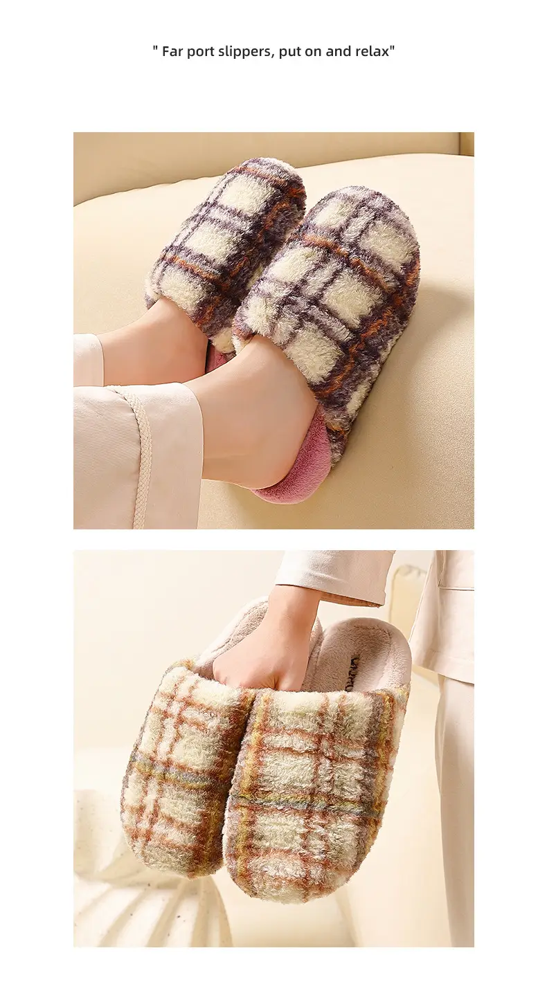 Retro High-Bottom Plaid Cotton Slippers for Men and Women in Autumn and Winter Plush Warm Family Home Indoor and Outdoor Thick-Soled Non-Slip Men's Slippers — feature 10