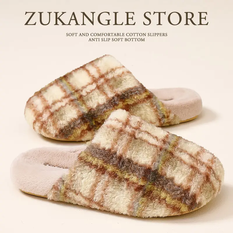 Retro High-Bottom Plaid Cotton Slippers for Men and Women in Autumn and Winter Plush Warm Family Home Indoor and Outdoor Thick-Soled Non-Slip Men's Slippers - Image 2