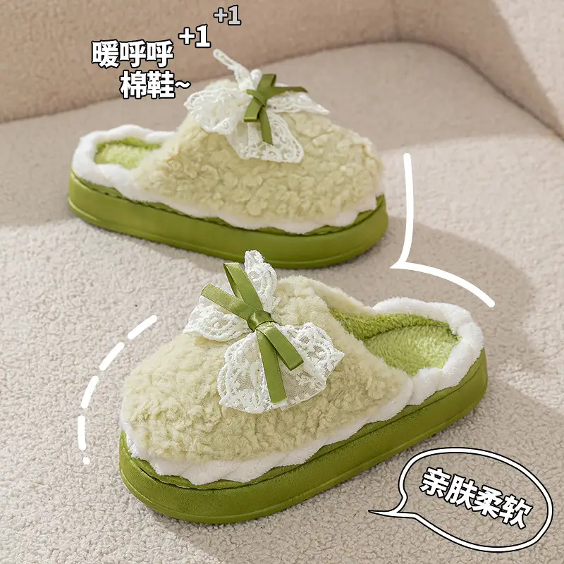 Bow Cotton Slippers for Women Winter 2025 New Indoor Home Thick-Soled Non-Slip Fleece-Lined Warm Plush Slippers - Image 11